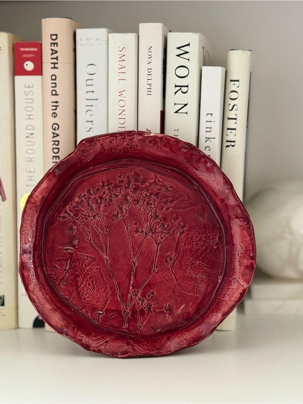 Hand Crafted Deep Red Botanical Ceramic Plate